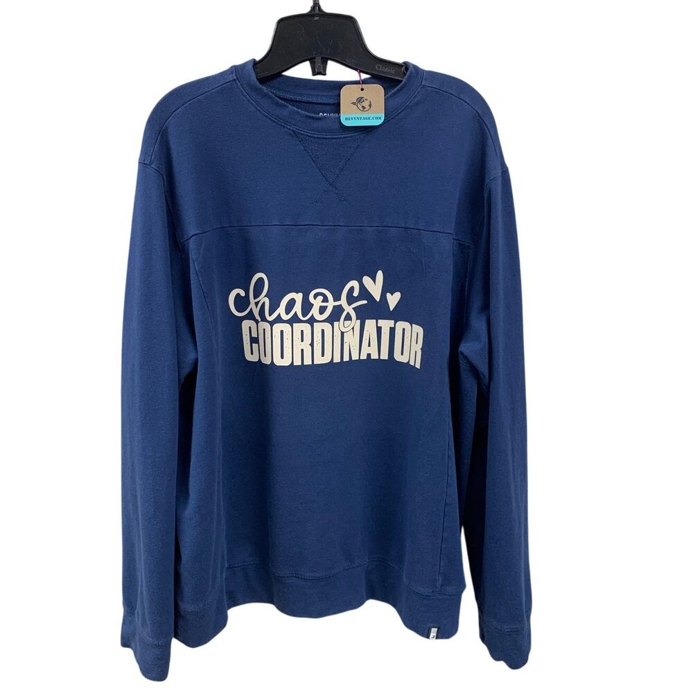 Upcycled Hand Printed Womens XL Chaos Coordinator Long Sleeve Blue Sweathshirt